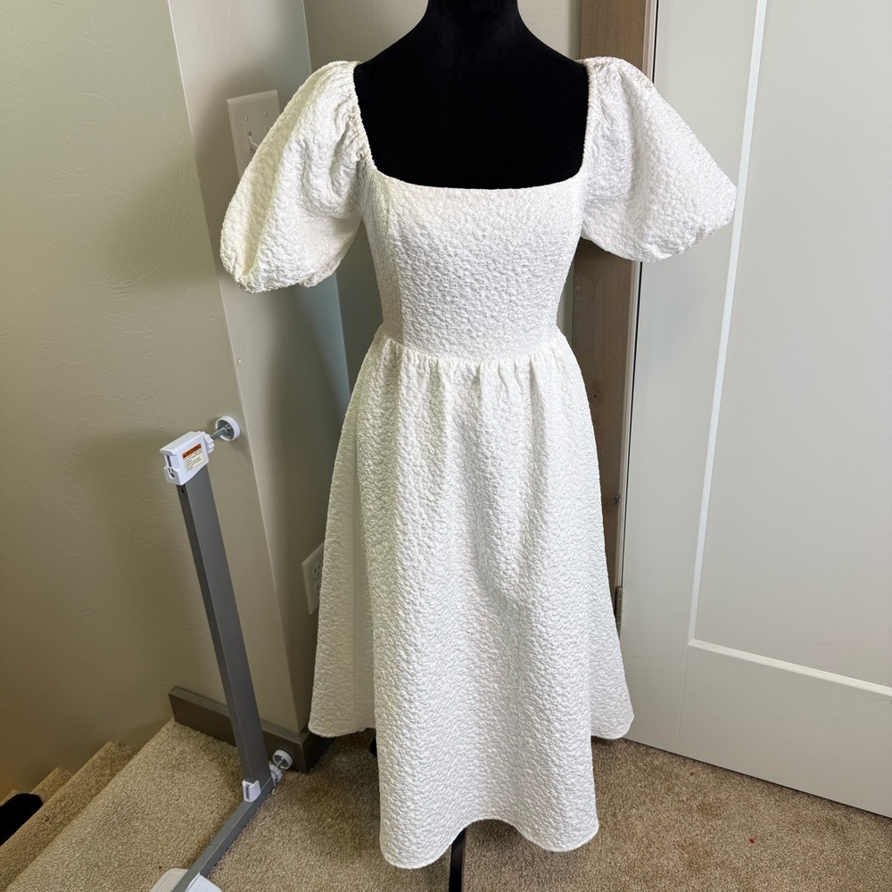 Lulus Puff Sleeve Midi Dress Floral Textured Corset Tie Back Stretch Bridal M - Picture 1 of 11
